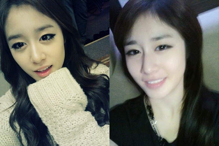 7. Ji Yeon (T-ara) trang điểm (trái) và không trang điểm (phải)